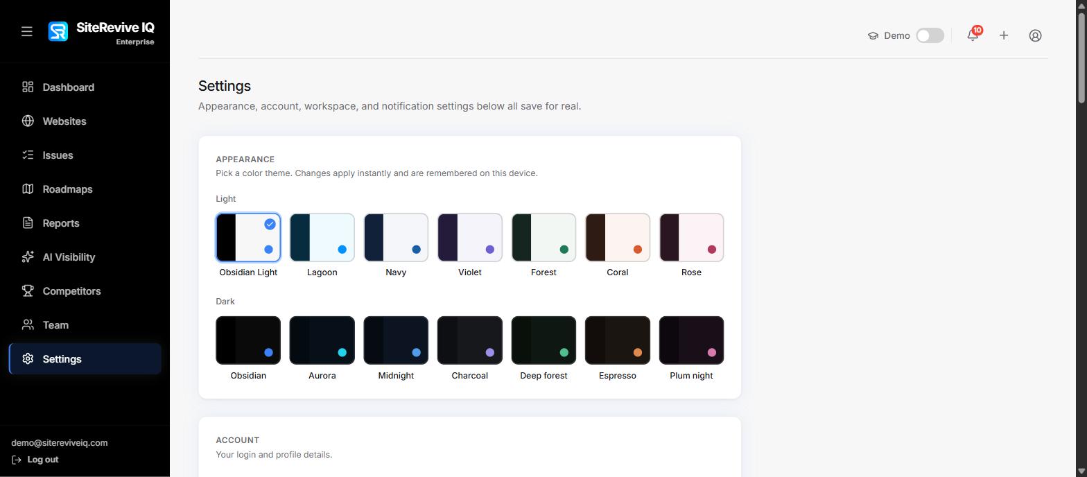 Dashboard theme settings on desktop