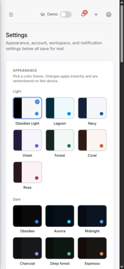 Dashboard theme settings on mobile